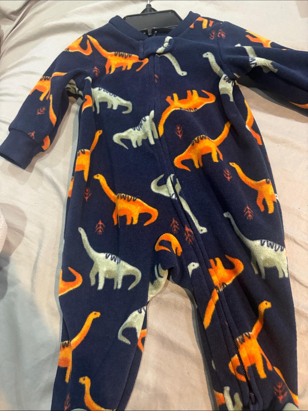 Carter's Navy Blue Fleece Dinosaur Footie with Orange & Cream Dinosaurs